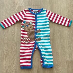 Mud Pie 0-6m Red and Blue Striped Monkey Button Onesie